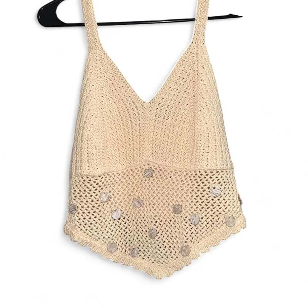 FCT Sun Crochet Camisole Tank Top XL Cream Handkerchief Shell Disc Y2K